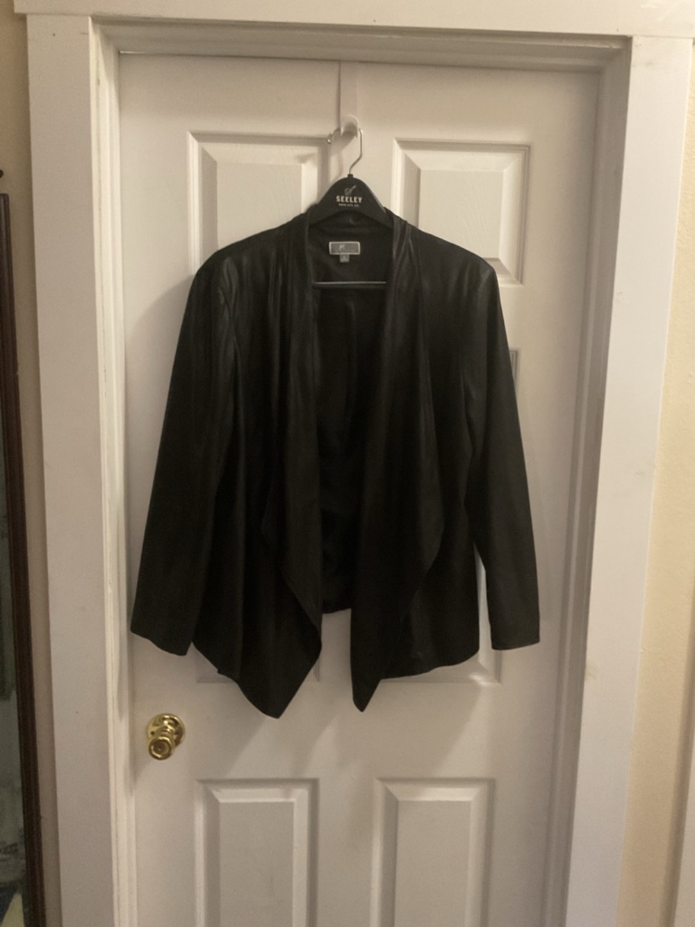 Black Vegan Leather Open Front Draped Shawl Jacket. Size XL. Pit to pit 24 in.
